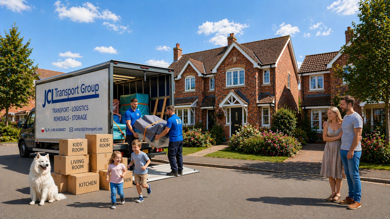 A family with their dog outside their home, with a JCL van parked behind