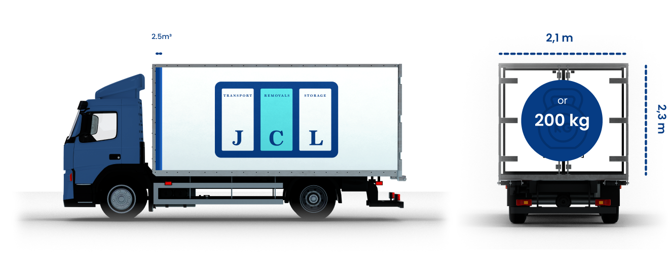 JCL lorry side and rear view, load of 2.5m³ or 200kg
