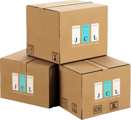 Moving boxes printed with the JCL logo
