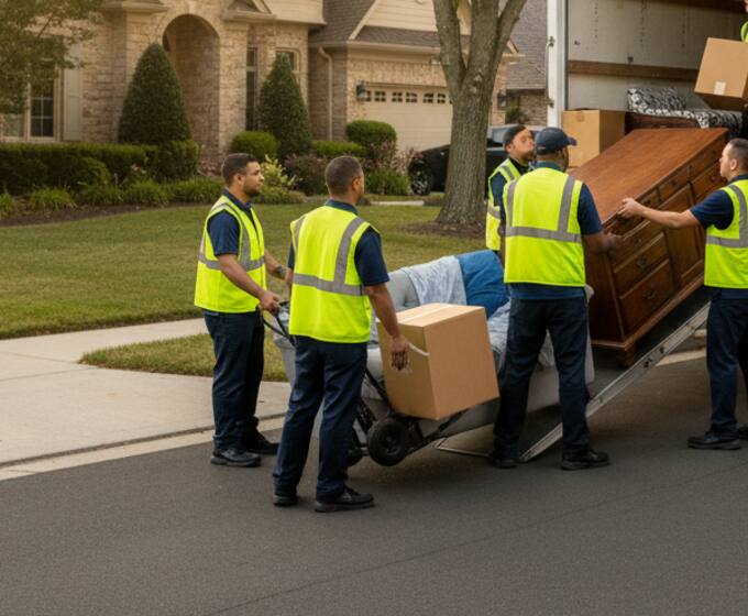 Removal crew loading furniture onto a lorry outside a house