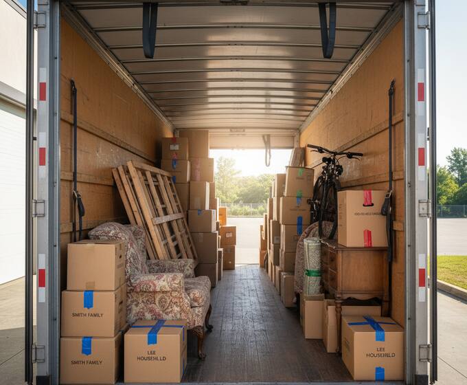Inside a lorry shared by several households, boxes labelled per family