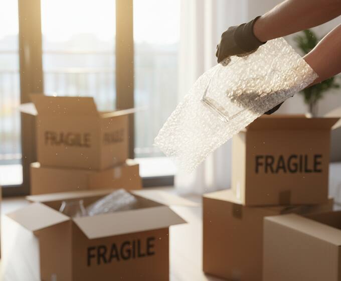 Fragile items being wrapped in bubble wrap and packed into boxes