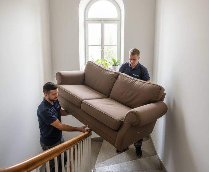Two porters carrying a sofa down a staircase
