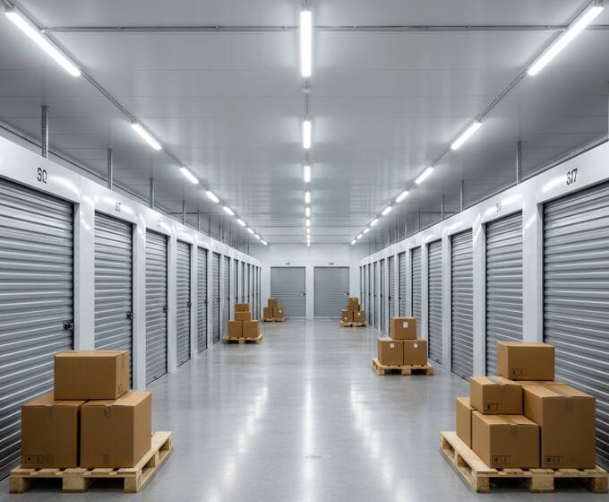 Clean storage units with boxes on pallets
